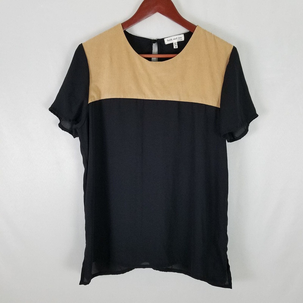 Faith and Joy Shirt Womens Medium Black Top Sheer Short Sleeve Keyhole Back Neck